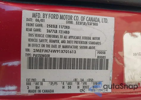 2001 Mercury Grand Marquis Gs z USA, uszkodzony, nr VIN 2MEFM74W91X701613